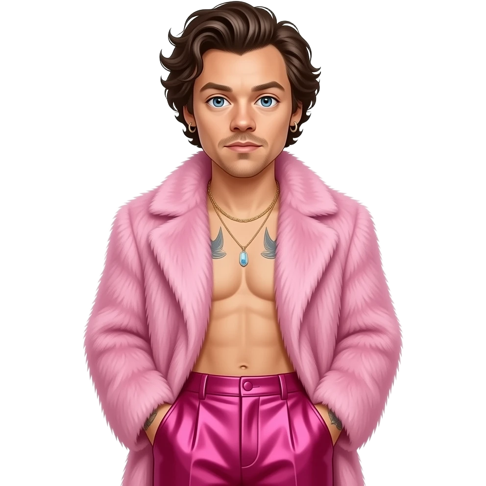 Harry Styles with blue eyes, dark brown hair, pink fur coat, fuchsia metallic baggy pants, shirtless with necklace and earrings emoji