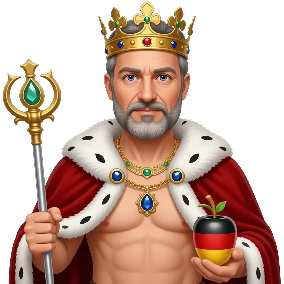 Portrait von einem König um die 40 mit leicht grauen Strähnen in den Haaren und Bart. er trägt eine prunkvolle königliche krone und Goldkette mit Edelsteinen. Er hat kein Hemd an aber ein weit geöffneter roter samt Umhang mit weißen Pelz. Er trägt ein Zepter und eine Reichsapfel in den Händen emoji
