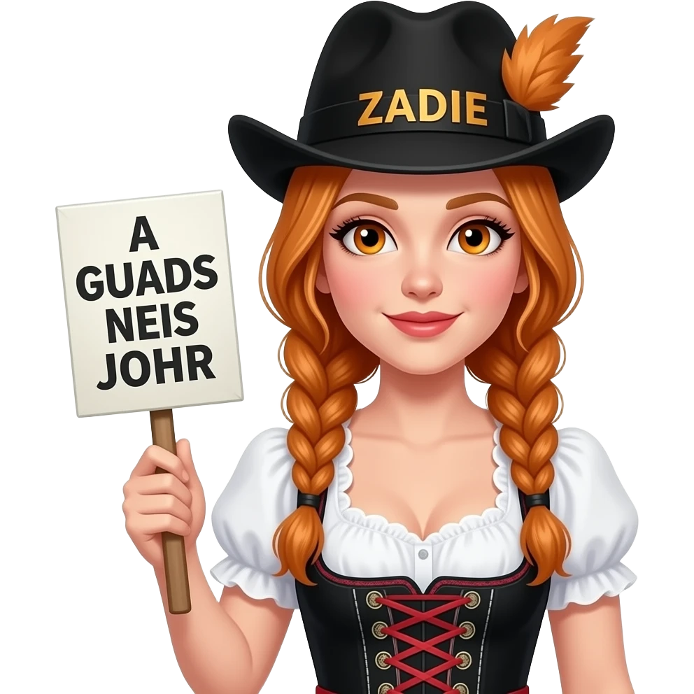 sexy girl with overlong ginger braids and ginger eyes wearing a dirndl and a black bavarian hat with ZADIE written on it, is holding a sign with A GUADS NEIS JOHR written on it emoji