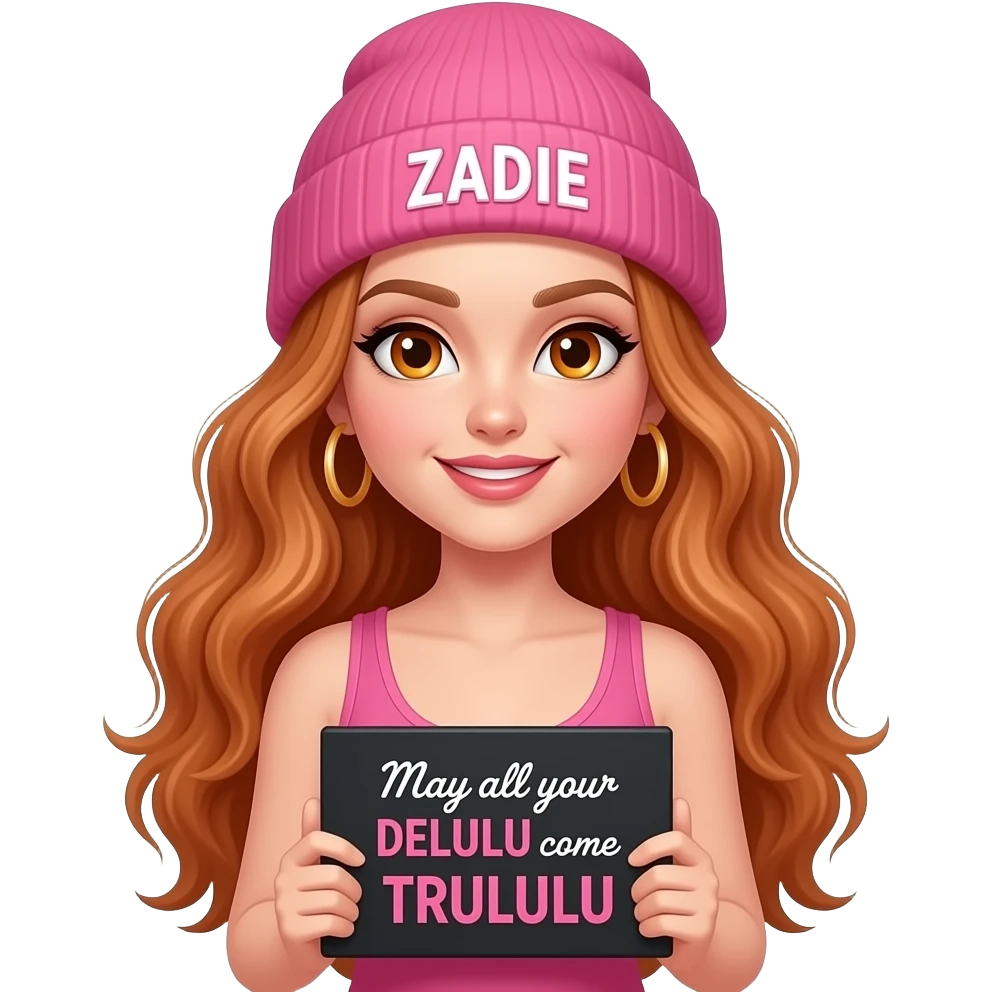 sexy girl with overlong wavy ginger hair and ginger eyes wearing a pink tanktop and a pink beanie with ZADIE written on it, is holding a black sign with May all your DELULU come TRULULU written on it emoji