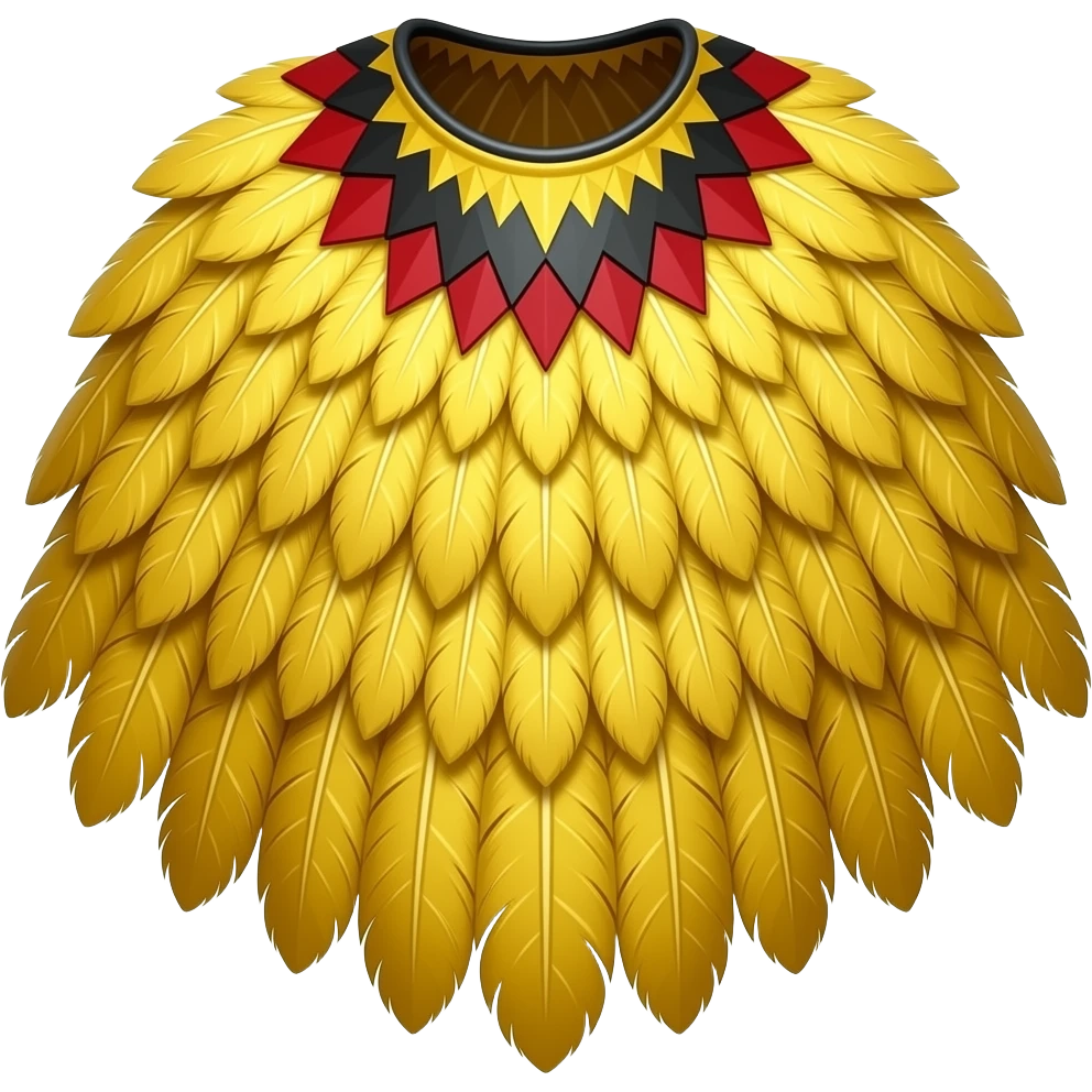 broad semicircular feather cloak densely covered in brilliant golden-yellow feathers, with a wide rounded lower edge and open neckline. Its surface features a massive sweeping black crescent motif, red triangular forms along the shoulders, and alternating red-and-black blocks around the collar. emoji