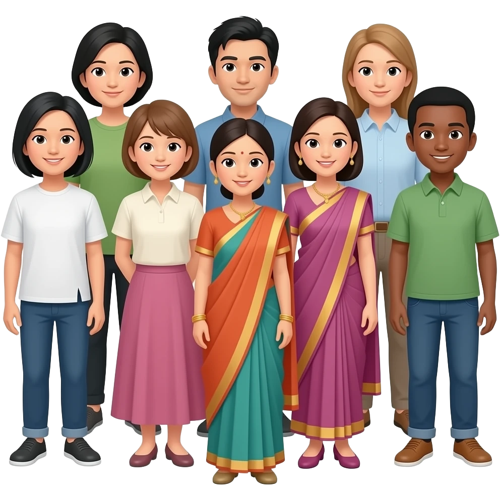 Make nine gione Japanese one Filipino to Indians, two white people and one black person emoji