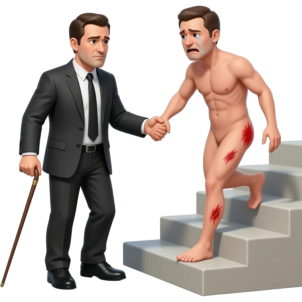 A stern clothed man with a thin whippy cane is leading by the hand and dragging behind him, a reluctant, crying, naked man up a flight of stairs, walking up towards the top,by the ear, his red buttocks are very bruised. emoji
