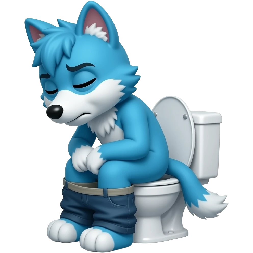 blue fursuit sitting on toilet, side view , pants down, pushing, eyes closed, straining face, emoji