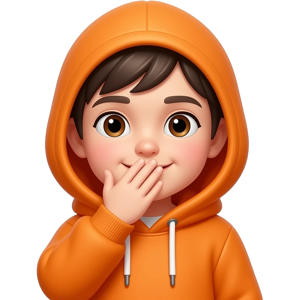 a kid who wears an orange hoodie and hes mouth is covered up by it emoji