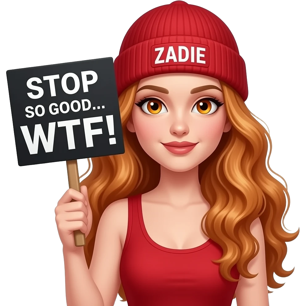 sexy girl with overlong wavy ginger hair and ginger eyes wearing a red tanktop and a red beanie with ZADIE written on it, is holding a black sign with STOP looking so good... WTF! written on it emoji