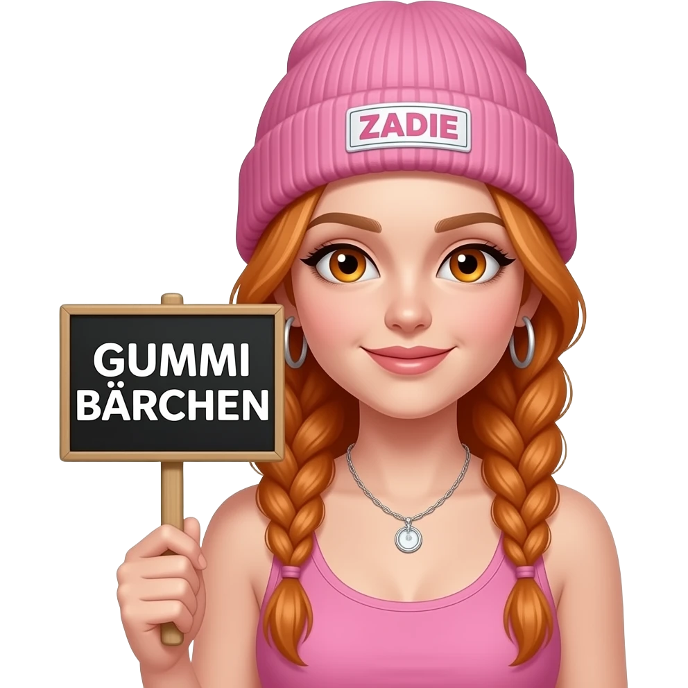 sexy girl with overlong ginger braids and ginger eyes wearing a pink tanktop and a pink beanie with ZADIE written on it, is holding a black sign with GUMMI BÄRCHEN written on it emoji