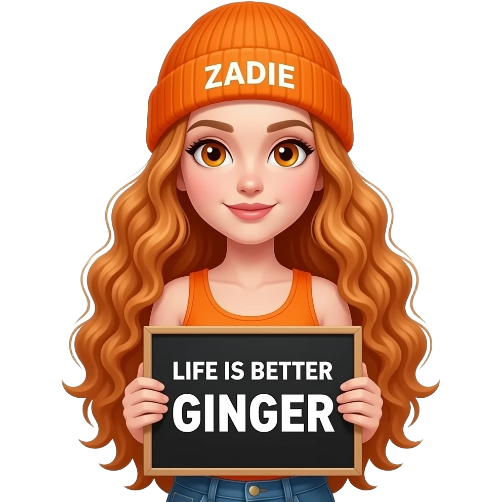 sexy girl with overlong wavy ginger hair and ginger eyes wearing a orange tanktop and a orange beanie with ZADIE written on it, is holding a black sign with LIFE IS BETTER with a GINGER written on it emoji