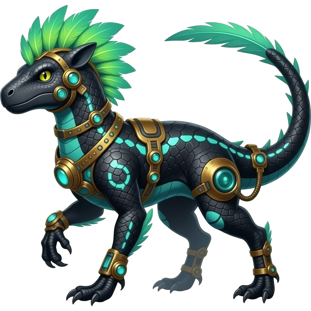 Cool edgy ancient black-scaled with neon-cyan stripe markings digitigrade bipedal vintage futuristic raptorik fantasy-Cyberpunk-Steampunk-Solarpunk-Genesect-Salamence-Cyclizar-Salazzle-Feraligatr-Fakémon-animal-hybrid, with neon feather-mane, and a tail blade, back spikes, full body emoji