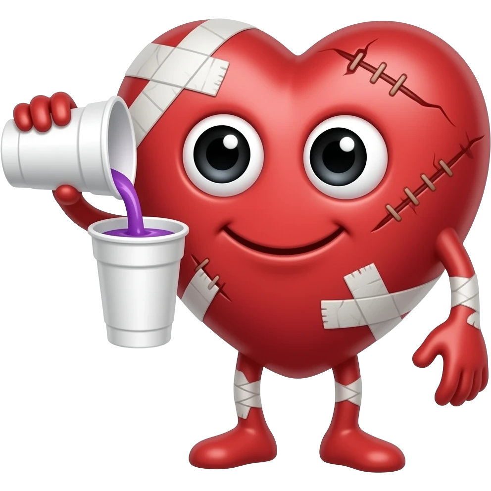 anthropomorphic heart with Spiral Eyes and stitches and bandages and cracks holding a white styrofoam double cup pouring out a purple liquid from it with one hand emoji