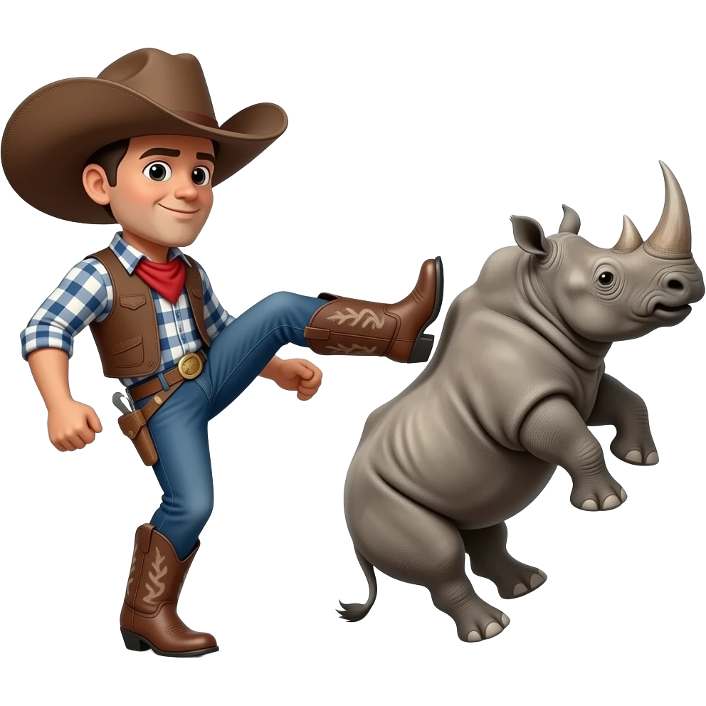 Big texas cowboy boot kicking out a falling rhino emoji
