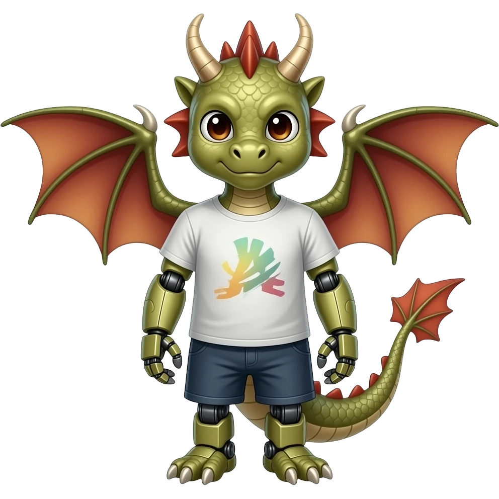 A humanoid robot dragon wearing a tee shirt and shorts emoji