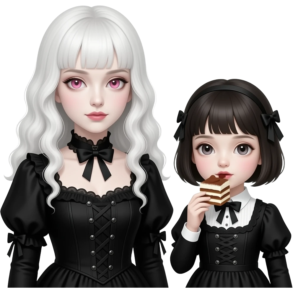 One woman with very pale skin, long, wavy white hair with an elegant short fringe. Pink eyes, dressed entirely in black in a Victorian Gothic style. A young girl resembling a Gothic porcelain doll. Sweet and kind expression, she eats a slice of tiramisu. emoji