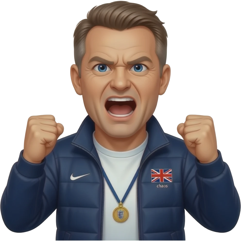 Coach Crusher     Angry football coach screaming motivational insults. biritsh foot style / soccar. tracksuit on that says chaos, no country flags, perfect now lose the british flag emoji