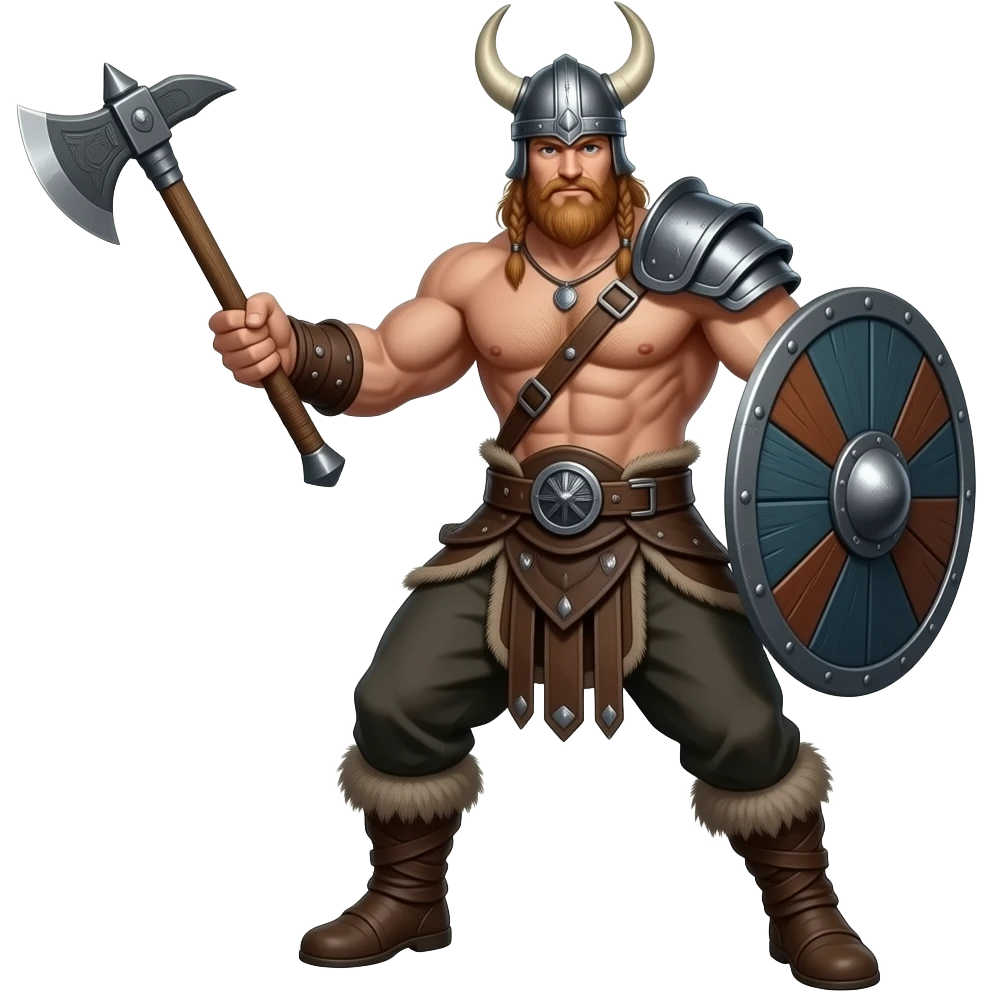 Vikinger mit nackten maskulinen Oberkörper und einer behaarten und starker Brust, mit Leder Riemen und Schulterpanzer. Er schwinkt eine Axt und trägt ein Helm mit Hörnern emoji