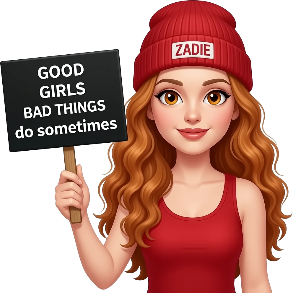 sexy girl with overlong wavy ginger hair and ginger eyes wearing a red tanktop and a red beanie with ZADIE written on it, is holding a black sign with GOOD GIRLS do BAD THINGS sometimes written on it emoji
