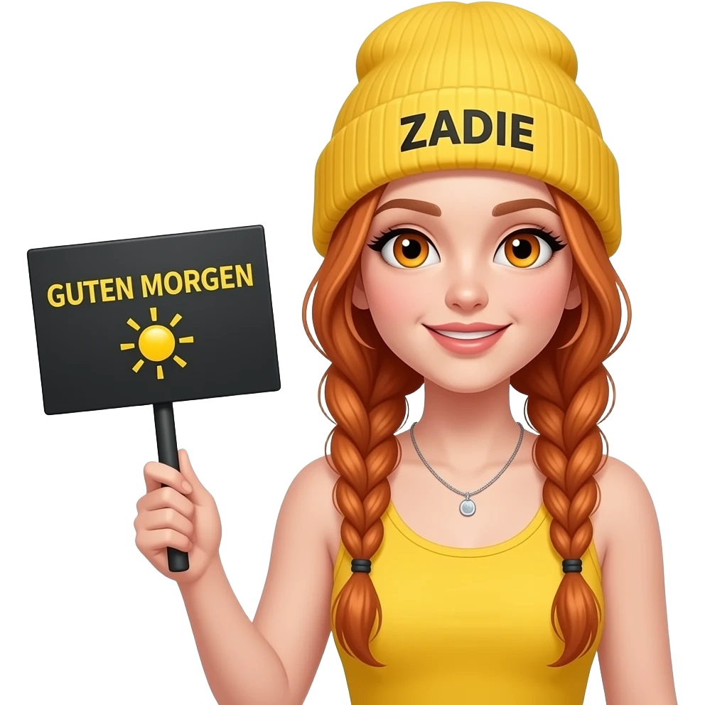 sexy girl with overlong ginger braids and ginger eyes wearing a yellow tanktop and a yellow beanie with ZADIE written on it, is holding a black sign with GUTEN MORGEN  🌞 written on it emoji