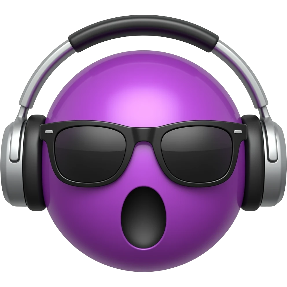 Purple ball head emoji with headphones, mouth an black 😎 emoji