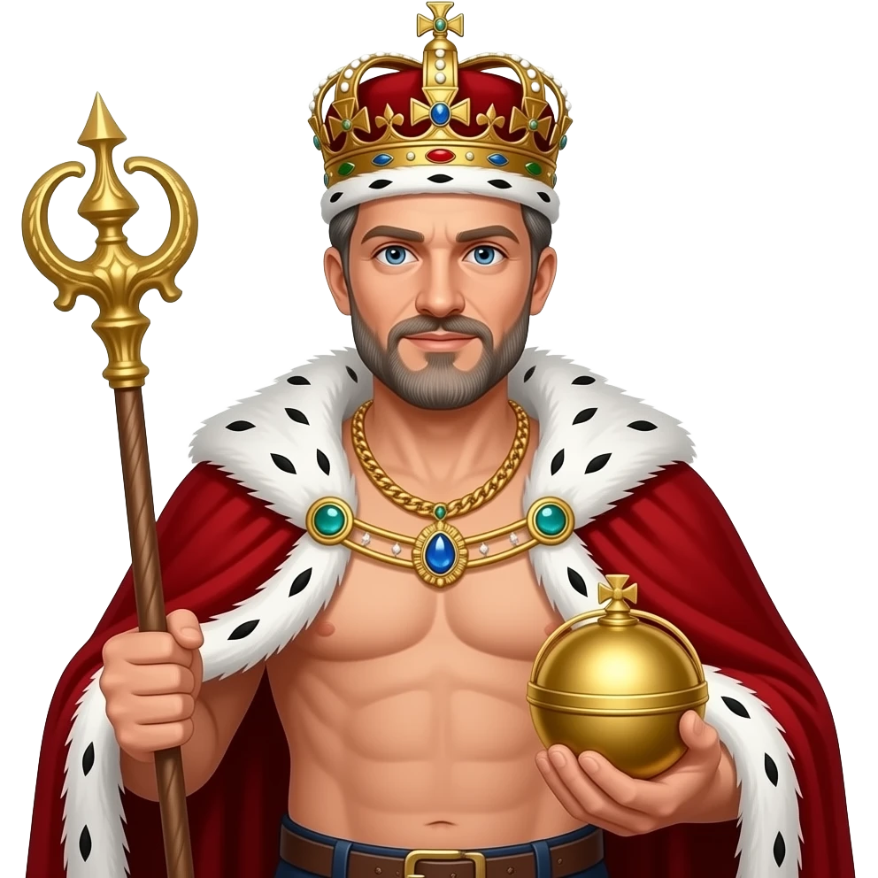 Portrait von einem König um die 40 mit leicht grauen Strähnen in den Haaren und Bart. er trägt eine prunkvolle königliche krone und Goldkette mit Edelsteinen. Er hat kein Hemd an aber ein weit geöffneter roter samt Umhang mit weißen Pelz. Mit Zepter und eine goldenen Reichsapfel in den Händen emoji