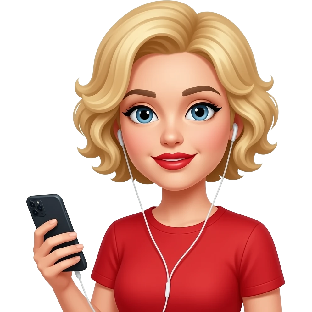 above neck Short blonde curly hair holding a homophone listening to music in a red short sleeve shirt, red lipstick, black eyebrows emoji