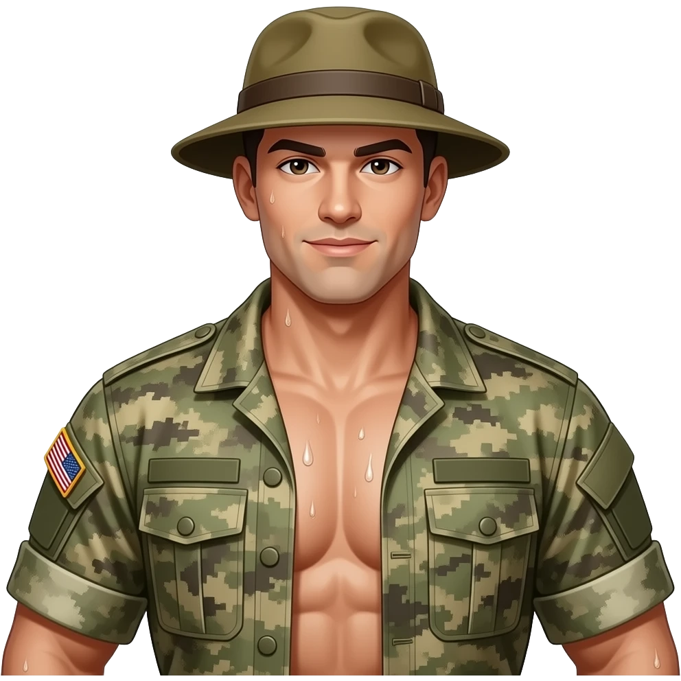 Portrait von einem muskulösen nackten Mann typische Aussehender army Typ, er ist maskuliner und hat ein verschwitzten Körper, seine Brust soll gut auf dem Bild zusehen sein und er trägt eine Mütze emoji