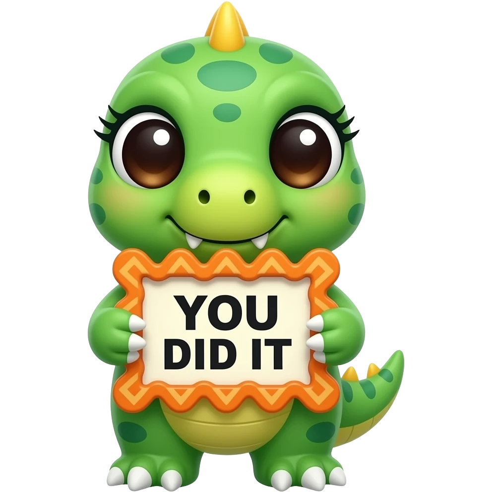 Create a super cute stuffed kawaii green and yellow gradient Animal which Looks Like a Velociraptor with big eyes and long eyelashes holding a orange zig zag frame sign with in front of its chest that says in bold black font "YOU DID IT" emoji