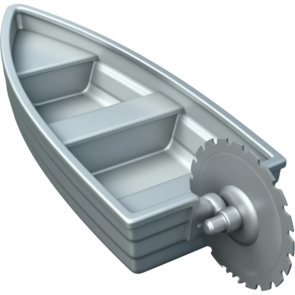 an aluminum boat with a circular saw blade on the back as a motor emoji