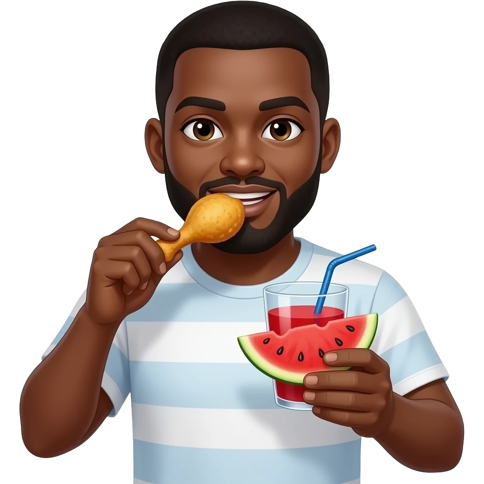 Black man eating fried chicken and red juice whit watermelon emoji