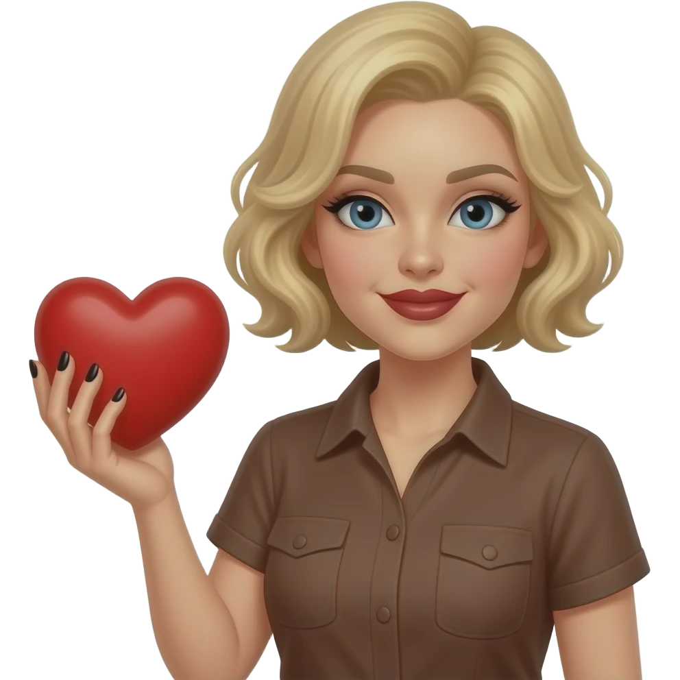 Short blond hair in curls holding a big red heart in with black nail polish and dark red lipstick, in a brown short sleeve shirt emoji