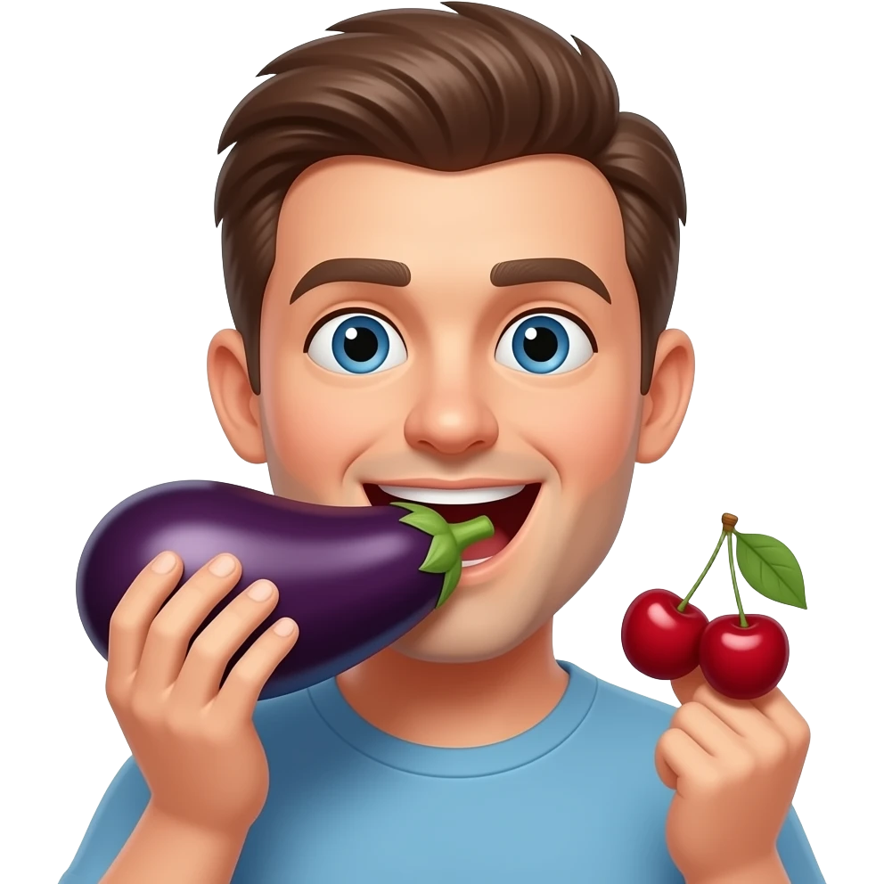 Guy putting eggplant into mouth holding cherries emoji