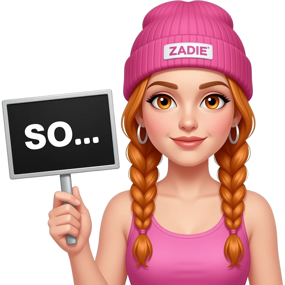 sexy girl with overlong ginger braids and ginger eyes wearing a pink tanktop and a pink beanie with ZADIE written on it, is holding a black sign with SO... written on it emoji
