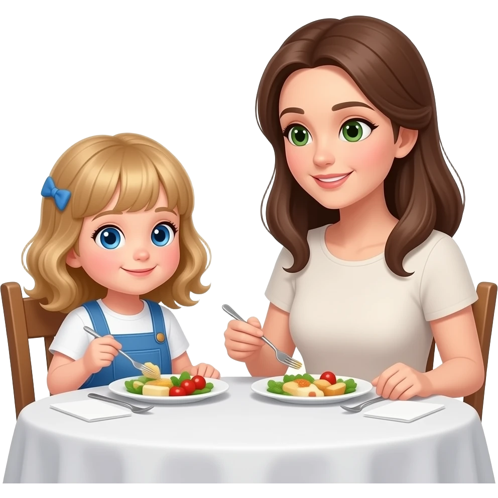 white kid blue eyes mid length hair to shoulders with bangs soft curly hair to shoulders in color: middle to little darker blond. With her mother, a mother white with hazel green eyes and level 7 hair brown hair long to her chest. eating dinner by the table talking emoji