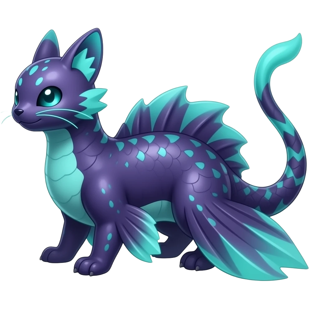 Long-bodied tall scaly slim smooth shiny glossy mature bioluminescent oil-dark, purplish, neon-cyan-accented, finned, abyss-fantasy-Lykoi-Bambino-Vaporeon-Umbreon-Civet-Fakémon-fusion, with thin neon-glowing bulb-whiskers, koi-piebald-flecked full body emoji