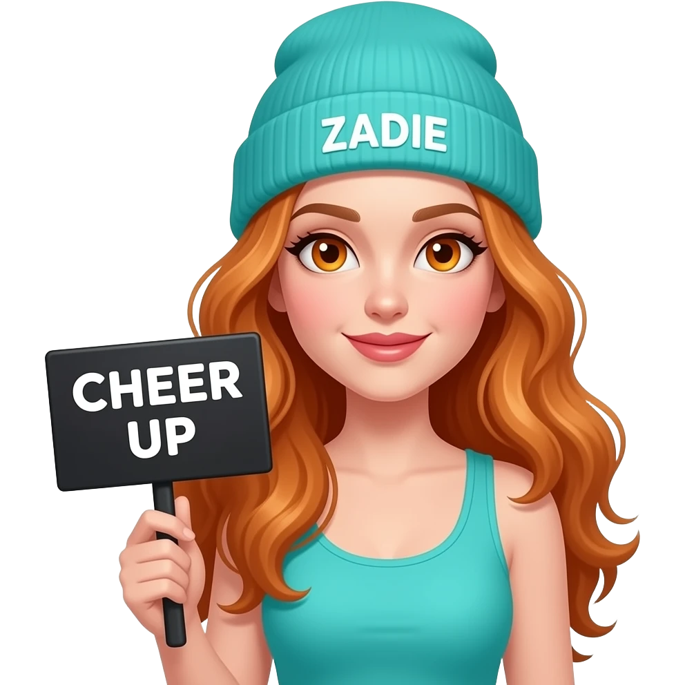 sexy girl with overlong wavy ginger hair and ginger eyes wearing a turquoise tanktop and a turquoise beanie with ZADIE written on it, is holding a black sign with CHEER UP written on it emoji