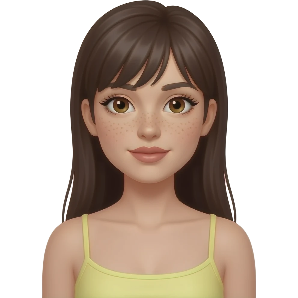 very light skin, almost white skin ,white girl thin, very beautiful woman, has a lot lot lot of visible freckles, with big plump lips, long long lashes, dark brown straight hair , brown eyes, light yellow tube top, no boobs emoji