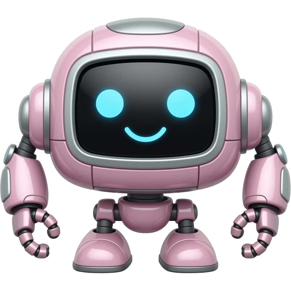 A pink, cute and silly delivery robot with touche screen as the cute face with a big smile emoji
