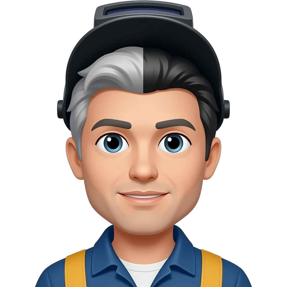 man with gray and black hair mixed like a bridge. He's wearing a welder's hat. don't have a beard emoji