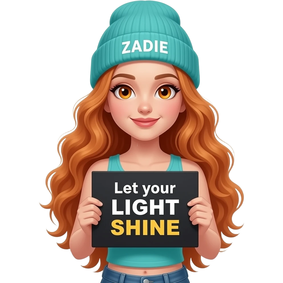 sexy girl with overlong wavy ginger hair and ginger eyes wearing a turquoise tanktop and a turquoise beanie with ZADIE written on it, is holding a black sign with Let your LIGHT SHINE written on it emoji