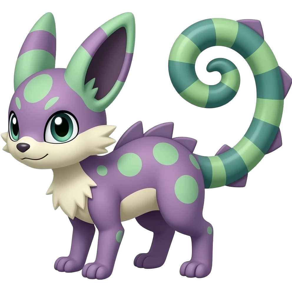 Purplish reddish greenish Furret-Amaura-Shaymin-Rattata-Aurorus-Vaporeon-Litten-hybrid with a chameleon tail emoji