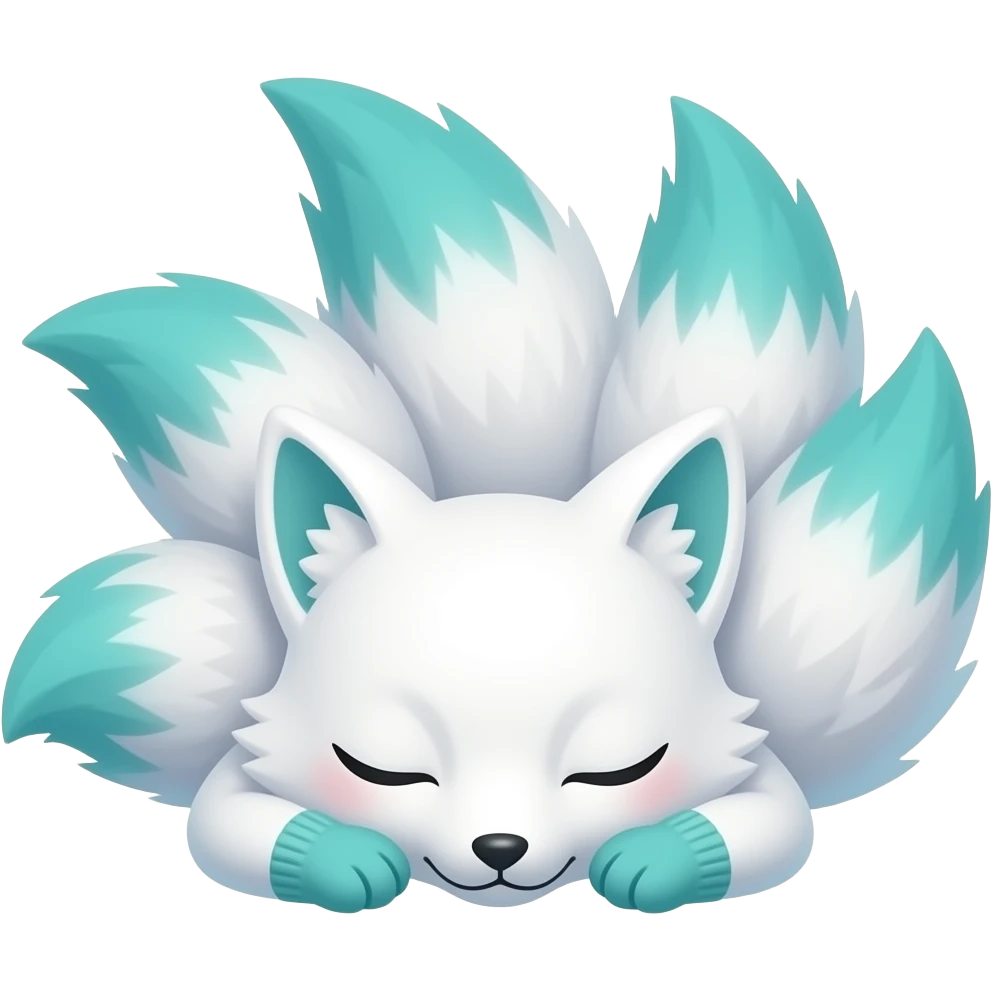 Sleeping White Nine kitsune tail with blue green ombre tips on the tails and paws as socks. emoji