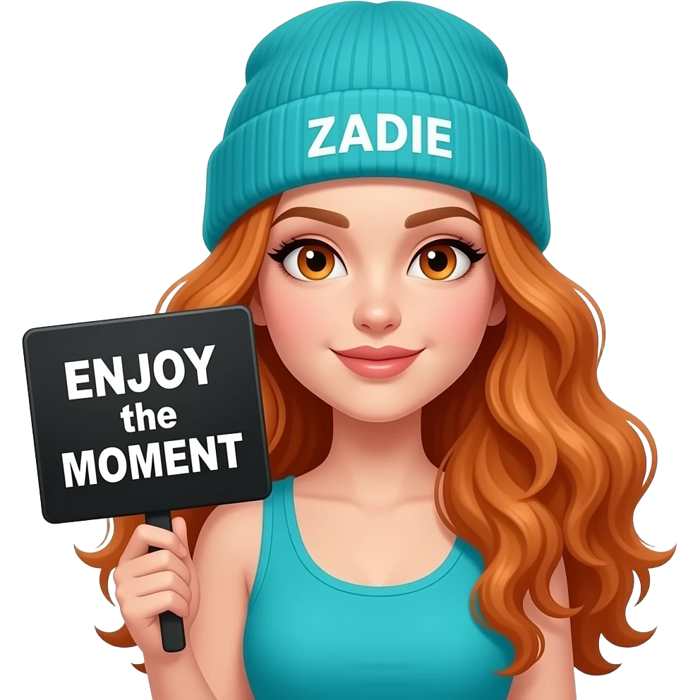 sexy girl with overlong wavy ginger hair and ginger eyes wearing a turquoise tanktop and a turquoise beanie with ZADIE written on it, is holding a black sign with ENJOY the MOMENT written on it emoji