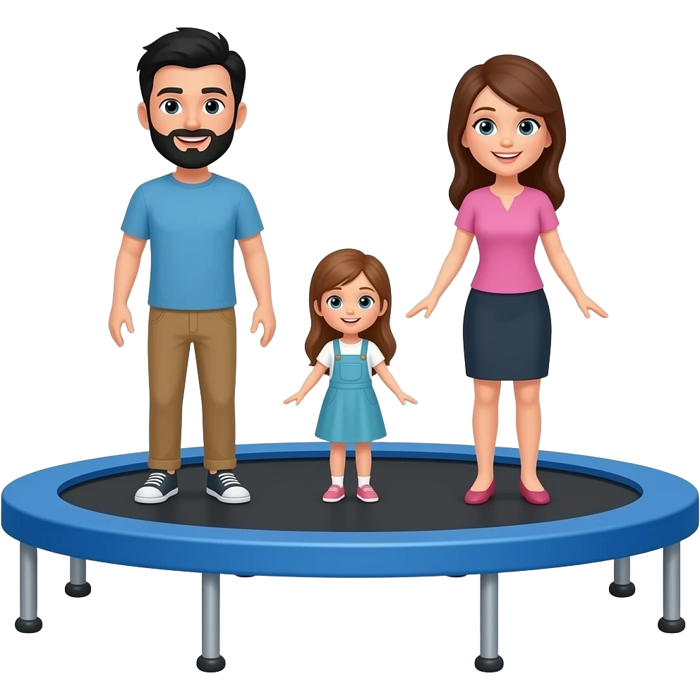 a man with black hair and a black beard with a woman with long brown hair and a little girl with long light brown hair on a trampoline emoji