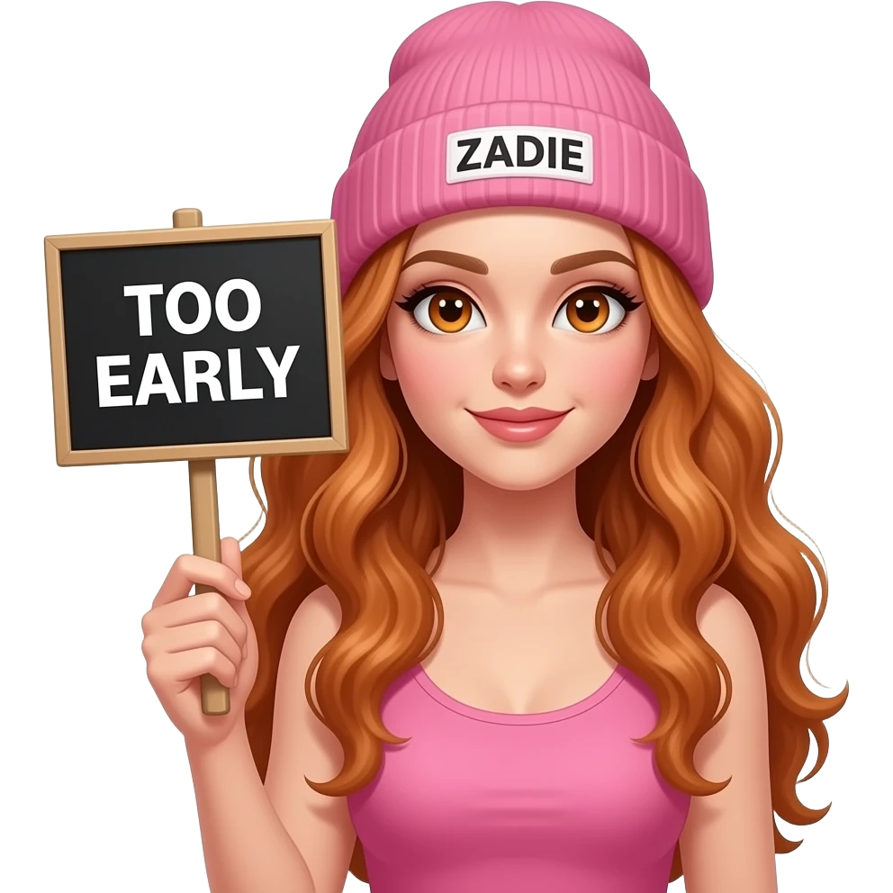 sexy girl with overlong wavy ginger hair and ginger eyes wearing a pink tanktop and a pink beanie with ZADIE written on it, is holding a black sign with ... TOO EARLY written on it emoji