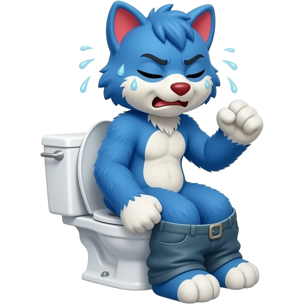 blue fursuit sitting on toilet, side view , pants down, pushing, eyes closed, straining face, red face, sweating, fists emoji