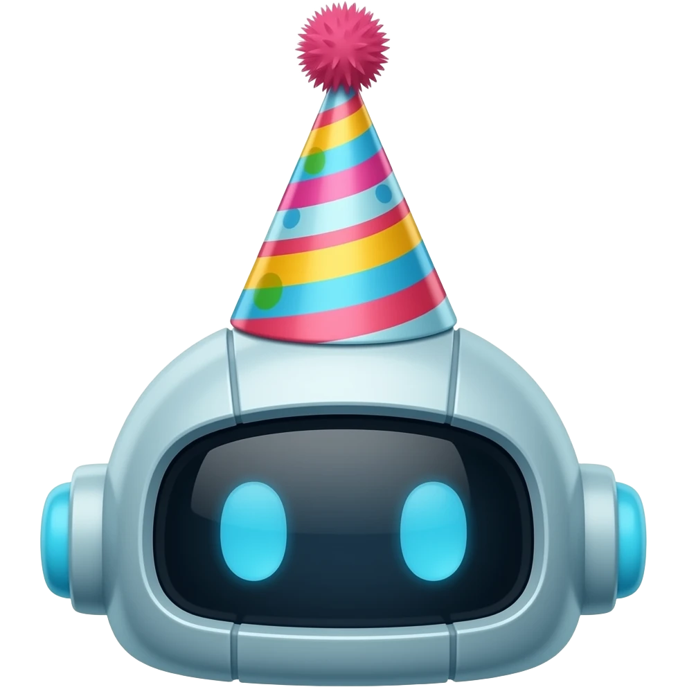 robot face wearing a large birthday party hat emoji