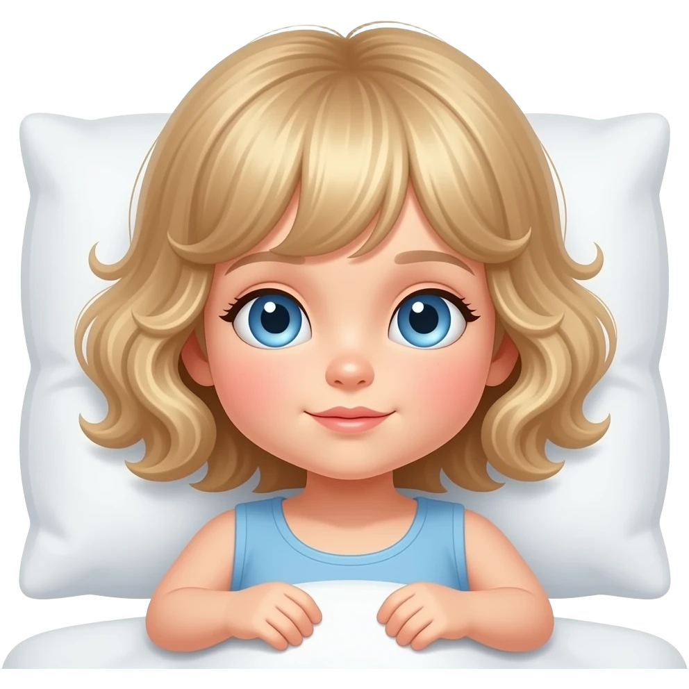 white kid blue eyes mid length hair to shoulders with bangs soft curly hair to shoulders in color: middle to little darker blond. sleeping on a pillow emoji