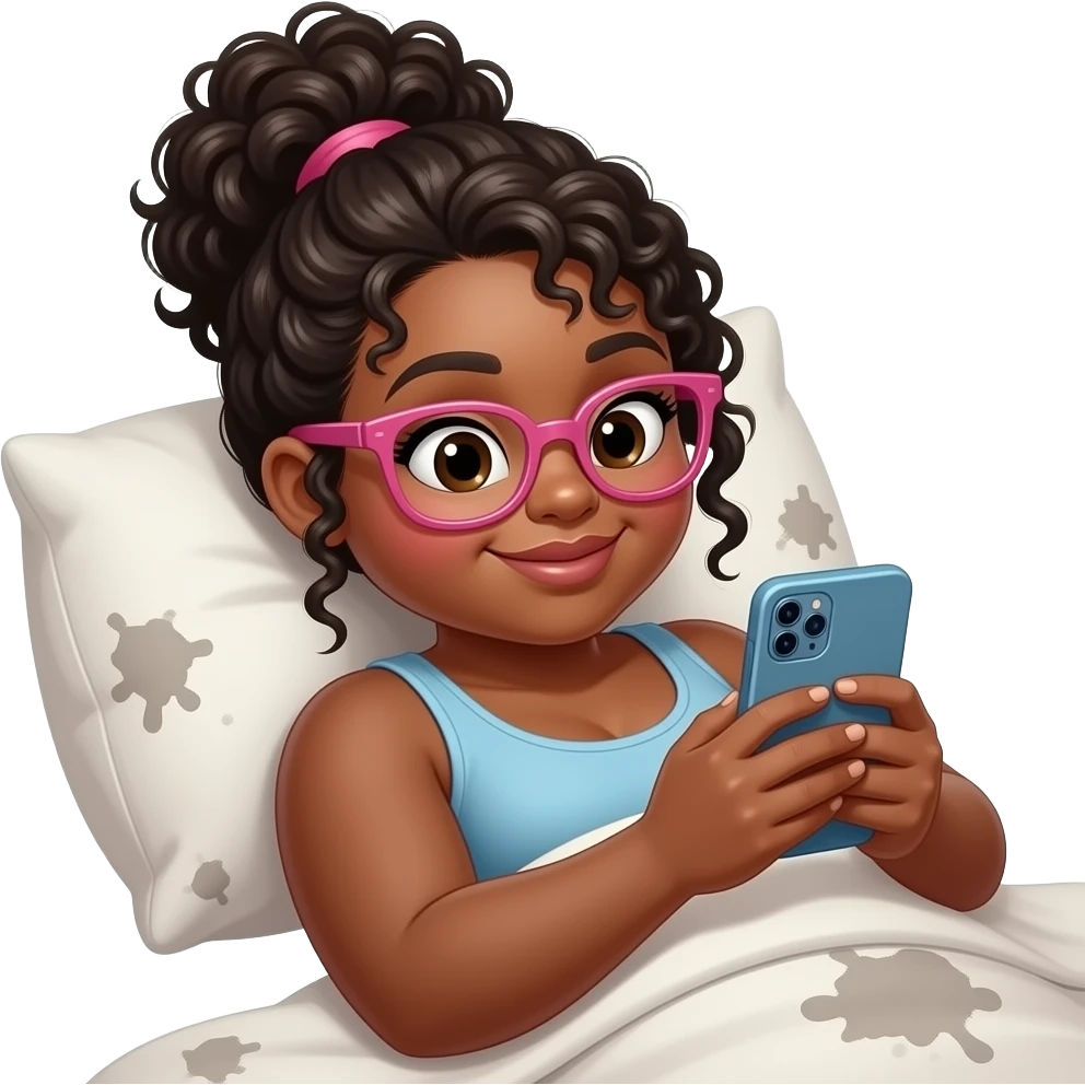 No file chosen An anthropomorphic peanut with  messy bun with curly face framing pieces and a cute smile and plump lips, laying on a dirty pillow looking at her phone  crystal_marie_s A curvy black pale light skinned woman with long curly hair with a side part, and pink glasses, and holding emoji