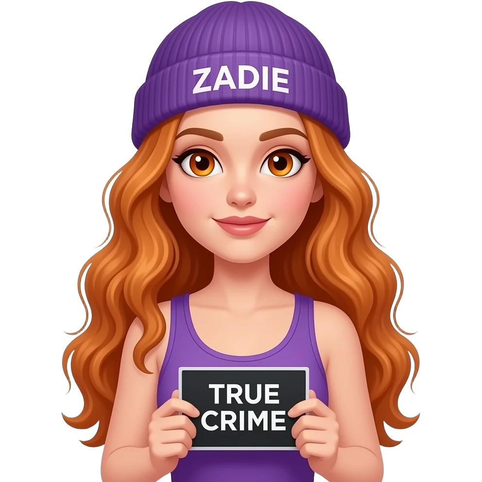 sexy girl with overlong wavy ginger hair and ginger eyes wearing a purple tanktop and a purple beanie with ZADIE written on it, is holding a black sign with TRUE CRIME written on it emoji