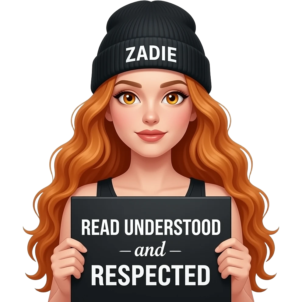 sexy girl with overlong wavy ginger hair and ginger eyes wearing a black tanktop and a black beanie with ZADIE written on it, is holding a black sign with just READ UNDERSTOOD and RESPECTED on it emoji