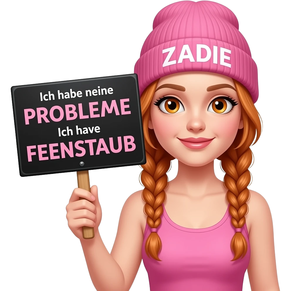 sexy girl with overlong ginger braids and ginger eyes wearing a pink tanktop and a pink beanie with ZADIE written on it, is holding a black sign with Ich habe keine PROBLEME Ich habe FEENSTAUB written on it emoji